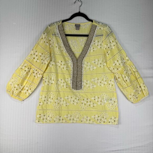 Chico’s Yellow Embroidered Eyelet Beaded V-Neck Boho Top Women’s Size 1/Medium - Picture 1 of 6